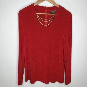 Chicos Travelers Womens Red Blouse Size 2 Long Sleeve Built In Necklace Stretchy